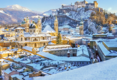 winter, snow, salzburg cathedral, austria, city wallpaper
