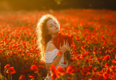 women, flowers, red flowers, outdoors, closed eyes, girl, poppies, poppy, nature wallpaper