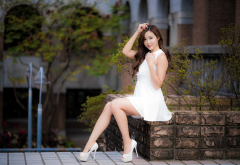 asian, women, long hair, high heels, white dress, brunette. high heels wallpaper