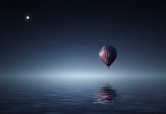 hot air balloon, balloon, starry sky, sea, 3d hraphics wallpaper