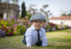 child, boy, kid, baby, shirt, tie, cap, summer, lawn wallpaper