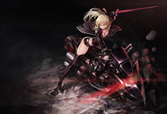 fate grand order, saber alter, thigh-highs, gloves, weapon, sword, motorcycle, bike, anime wallpaper
