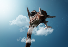 3d graphics, digital art, animals, giraffe, sky, airplane, clouds wallpaper
