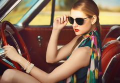 sunglasses, scarf, bangles, red lipstick, car, blonde, vintage, sitting, women wallpaper