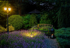 bench, park, lantern, flowers, night, nature wallpaper
