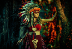 women, girl, nature, trees, skirt, feather, makeup, costume wallpaper
