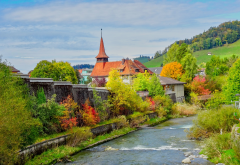 autumn, landscape, switzerland, river, nature, city wallpaper