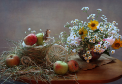 still life, table, napkin, burlap, vase, flowers, hay, fruits, apple, hedgehog wallpaper