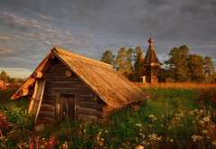 nature, village, hut, house, church, grass, sunset, clouds, russia wallpaper