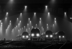 train station, railway, denmark, mist, landscape, night, lights, monochrome, technology wallpaper
