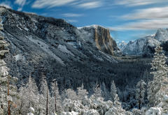 yosemite, mountains, forest, trees, rocks, snow, winter, nature wallpaper