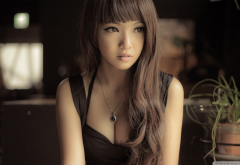 asian, black dresses, brunette, lips, cleavage wallpaper
