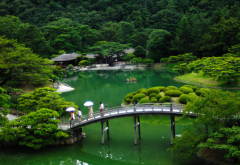 japan, nature, park, garden, pond, trees, bush, bridge wallpaper