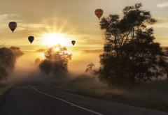 sunrise, road, balloon, trees, fog, nature, hot air balloon wallpaper