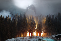 video games, The Elder Scrolls V: Skyrim, Elder Scrolls, dragon, fire, forest, trees wallpaper
