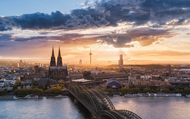 1920x1200 pix. Wallpaper landscape, nature, cityscape, Cologne, Germany, sunset, river, church, bridge, sky, clouds