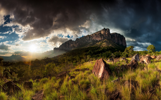 2500x1300 pix. Wallpaper nature, landscape, mountain, grass, clouds, sunset, trees, shrubs, sky, sun rays, Venezuela