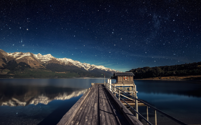 2560x1440 pix. Wallpaper night, lake, pier, reflection, mountains, stars