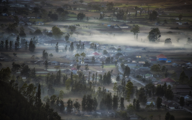 2100x1315 pix. Wallpaper Indonesia, landscape, nature, mist, valley, village, morning, tree, fog