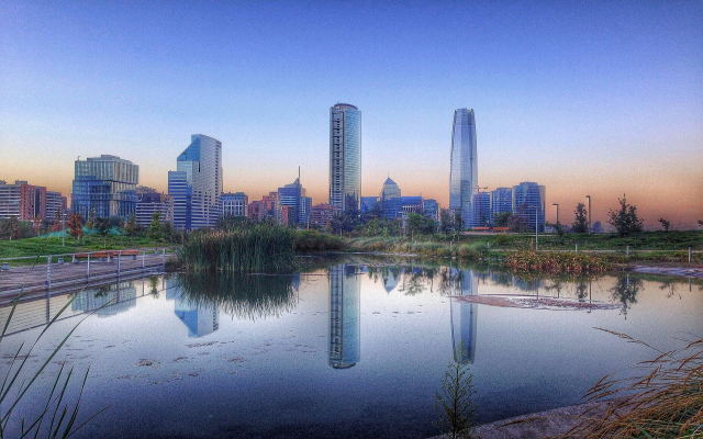 1920x1200 pix. Wallpaper landscape, cityscape, Santiago de Chile, metropolis , nature, sunrise, park, ponds, skyscraper