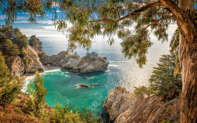2200x1375 pix. Wallpaper landscape, nature, California, beach, coves, waterfall, coast, sea, trees, shrubs, rock