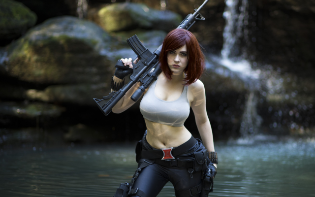 2418x1737 pix. Wallpaper cosplay, women, model, gun, water, waterfall