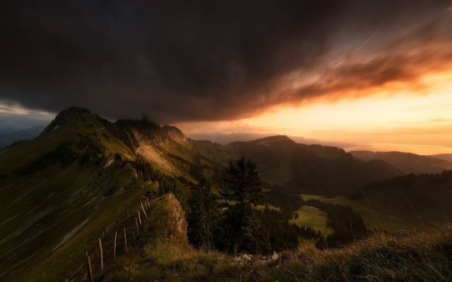 1920x1200 pix. Wallpaper landscape, nature, mountain, valley, sunset, clouds, sky, fence, trees, grass, Switzerland