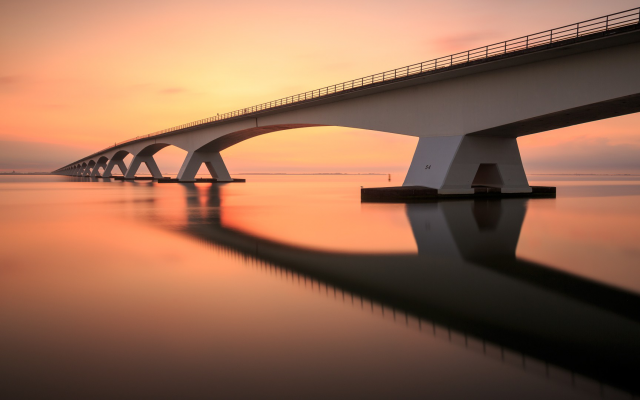 1920x1080 pix. Wallpaper bridge, sunset, evening, reflection, water