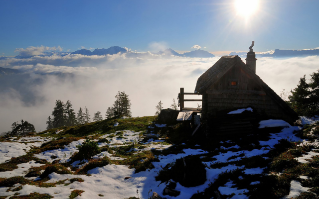 1920x1200 pix. Wallpaper Austria, cabin, snowy peak, clouds, mountains, nature