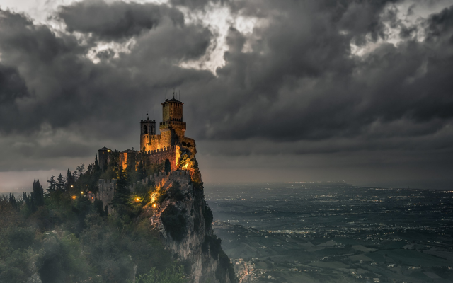 2200x1375 pix. Wallpaper San Marino, castle, landscape, clouds, valley, sky, mountains