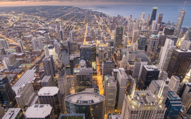1920x1080 pix. Wallpaper Chicago, city, cityscape, USA, building, skyscrapers, street light, sunset, sea, lake