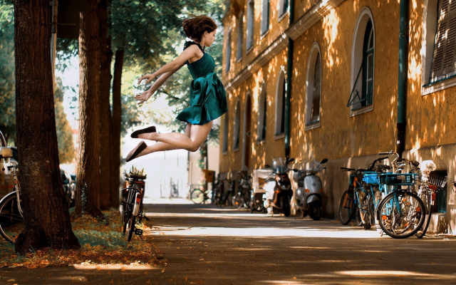 1920x1200 pix. Wallpaper women, jumping, brunette, street, lights, bicycle, autumn, dress
