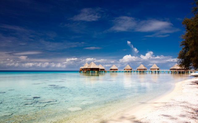 1920x1200 pix. Wallpaper French Polynesia, atolls, island, beach, nature, landscape, sea, clouds, tropical, bungalow, ocean