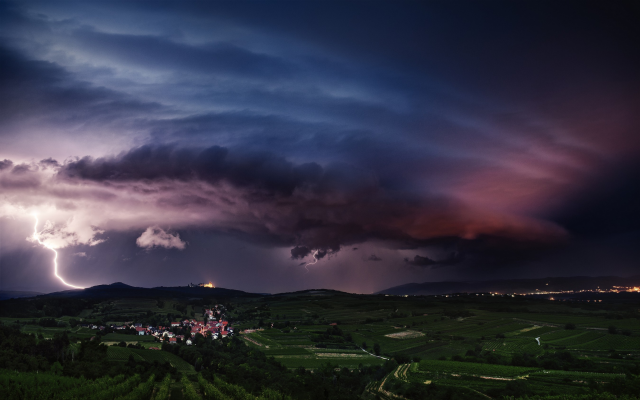 2700x1688 pix. Wallpaper lightning, thunderstorm, storm, clouds, sky, Austria, nature, landscape, field, village, lights