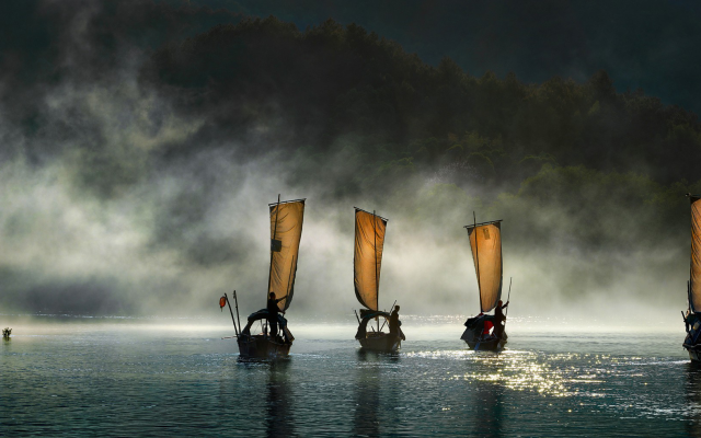 2048x1016 pix. Wallpaper boat, lishui, zhejiang, china, mist, water, river, nature, landscape