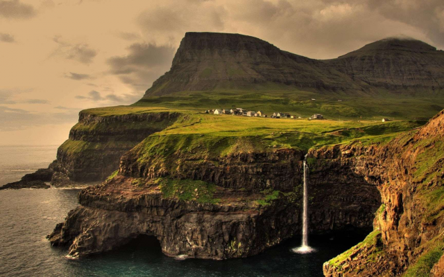 1920x1080 pix. Wallpaper faroe islands, waterfall, hill, nature, landscape