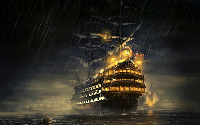 2560x1600 pix. Wallpaper pirate, ship, sailing ship, rain, Manowar, water, sea, night