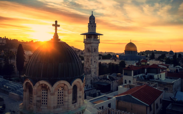 1920x1080 pix. Wallpaper Jerusalem, sky, sunset, cross, Holy City, church