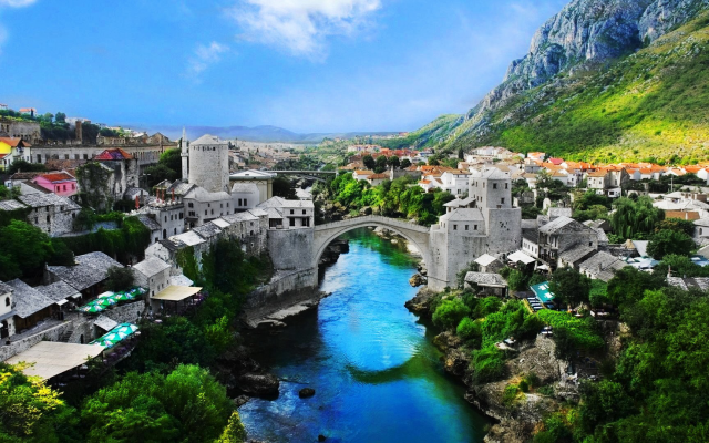 1920x1080 pix. Wallpaper Stari Most, Mostar, Bosnia and Herzegovina, village, city, river, bridge