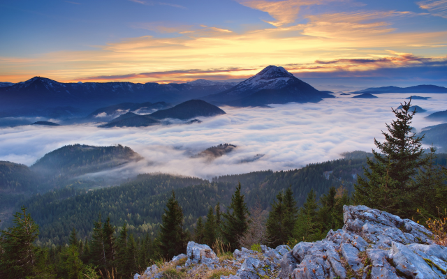 2700x1688 pix. Wallpaper mountains, snowy peak, forest, clouds, sunset, austria, nature