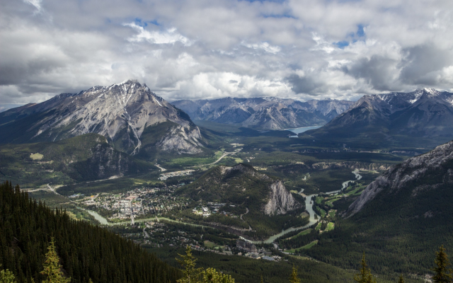 2200x1375 pix. Wallpaper Banff National Park, mountains, panorama, valley, town, river, Canada, nature, landscape