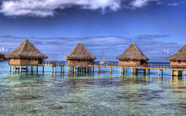 3840x2160 pix. Wallpaper French Polynesia, bungalow, sea, beach, island, tropical, nature, landscape, resorts