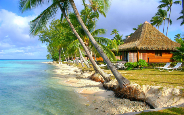 2200x1375 pix. Wallpaper tropical, beach, sea, ocean, palm trees, bungalow, nature