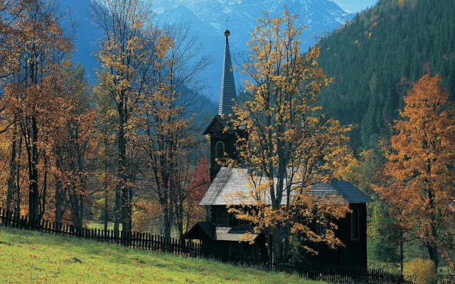 1920x1080 pix. Wallpaper Tatra Mountains, Slovakia, architecture, tree, forest, mountains, fence, church, nature