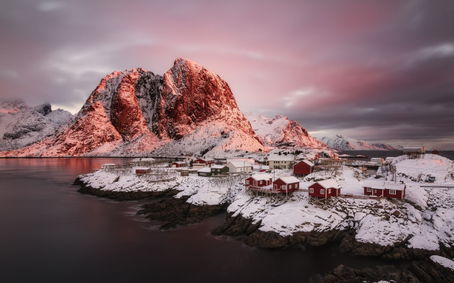 2000x1250 pix. Wallpaper fjord, Norway, snow, village, nature, sunrise, winter, mountains