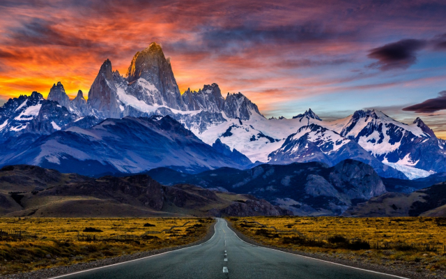 1920x1104 pix. Wallpaper road, mountains, sunset, snowy peak, Argentina, sky, clouds, nature, landscape