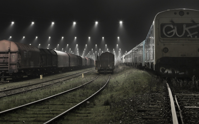 2500x1309 pix. Wallpaper train, railway, railroad, lights, urban, Denmark, rail yard