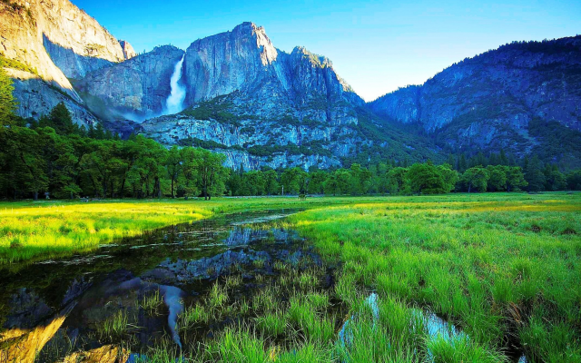 2100x1315 pix. Wallpaper Yosemite National Park, waterfall, river, grass, mountains, nature, landscape