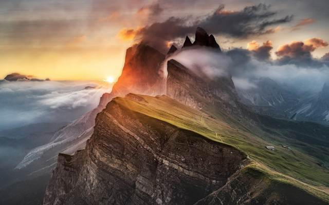 1920x1080 pix. Wallpaper mountains, sunset, clouds, fog, nature, landscape