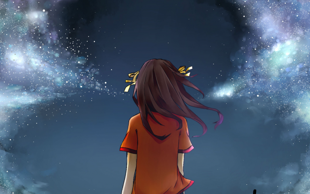2500x1336 pix. Wallpaper anime girls, night, sky, stars, The Melancholy of Haruhi Suzumiya, Suzumiya Haruhi